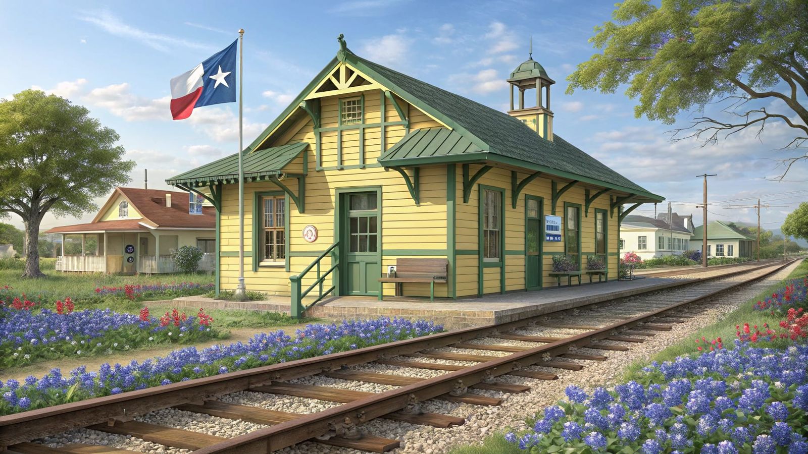 Vintage Texas Railroad Station Amidst Bluebonnets and Katy T...