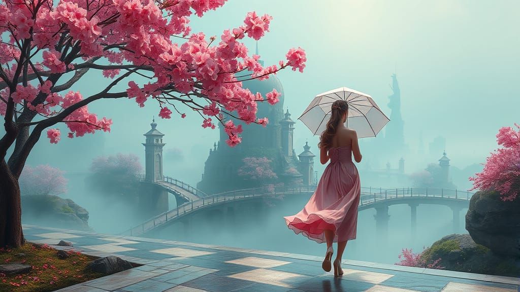 Woman Under Cherry Blossoms Beside Floating Chessboard
