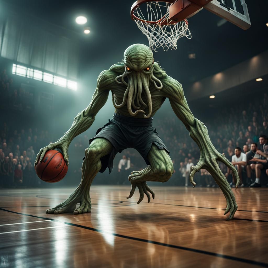 Cthulhu Plays Basketball in Dream Realm: Hyperrealistic HDR