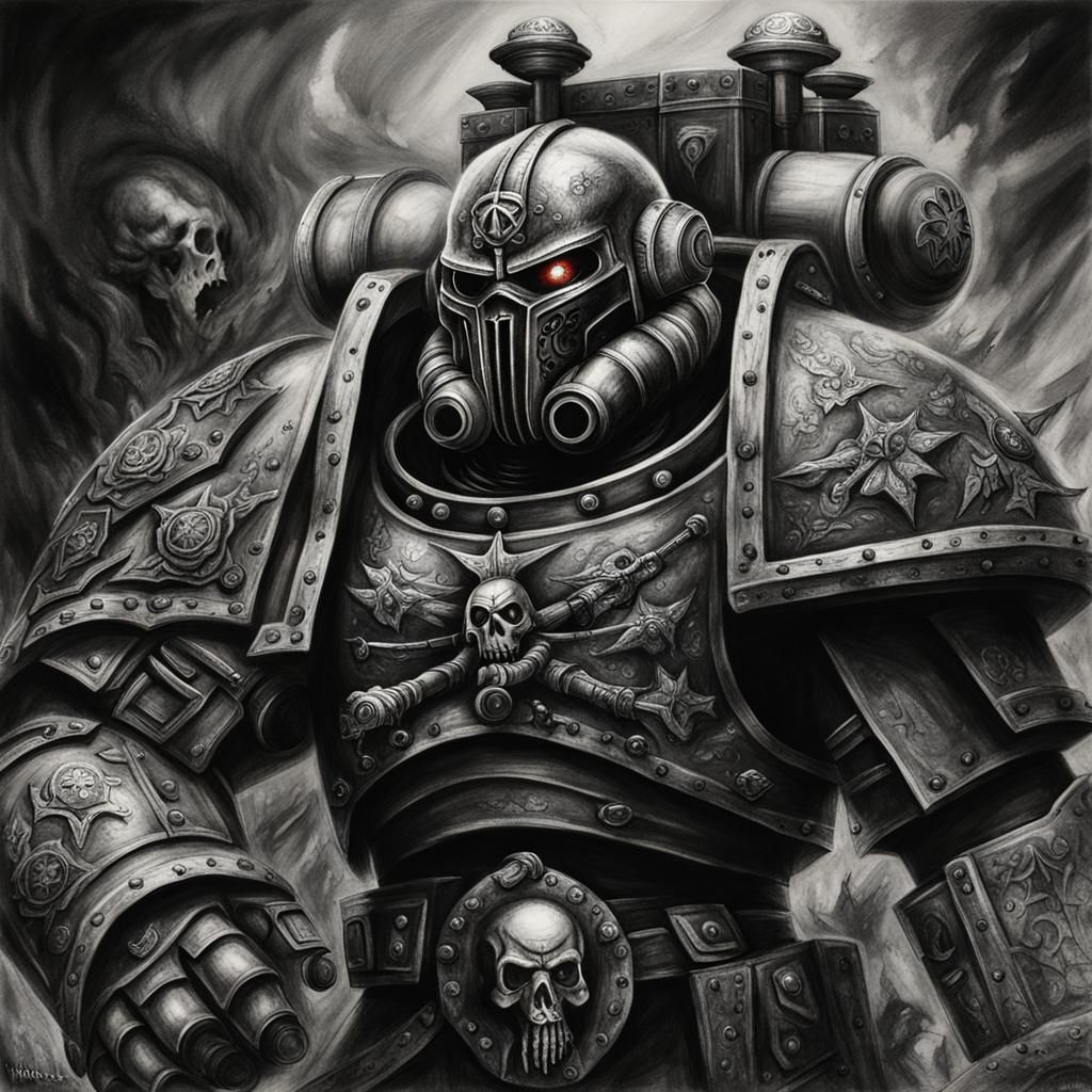 Hyperdetailed Charcoal Drawing of Chaos Marine