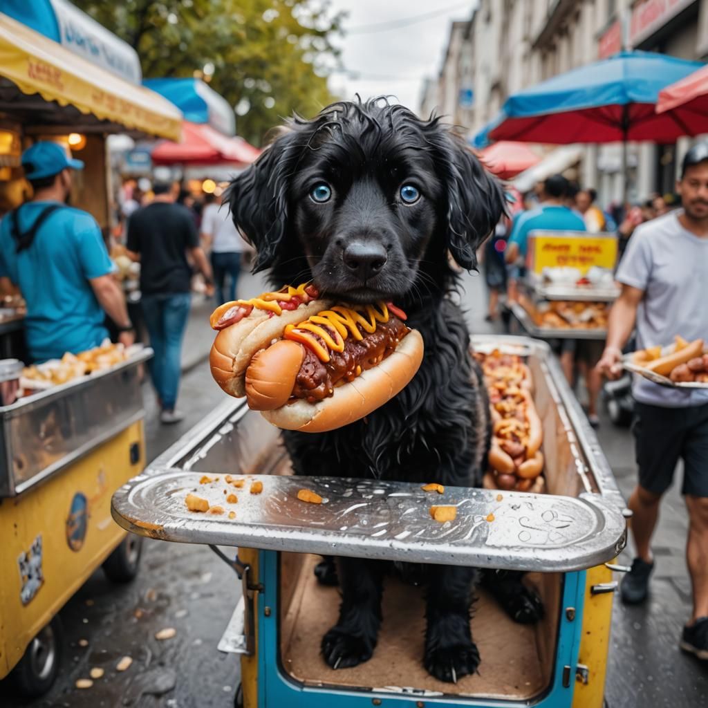 Hungry Dogs Gaze at Street Food Hotdog