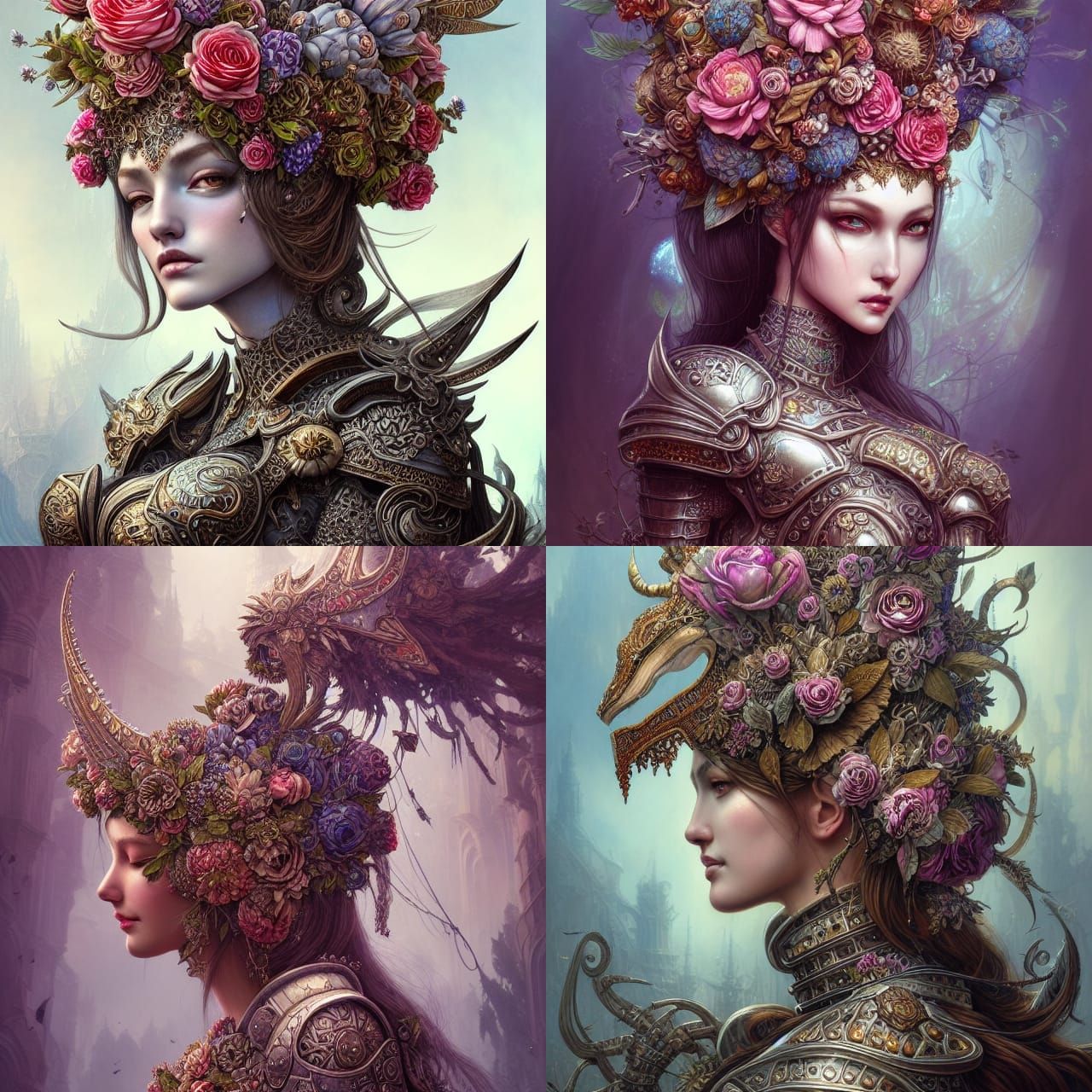 Armored Woman with Floral Headdress: Hyperdetailed Concept A...