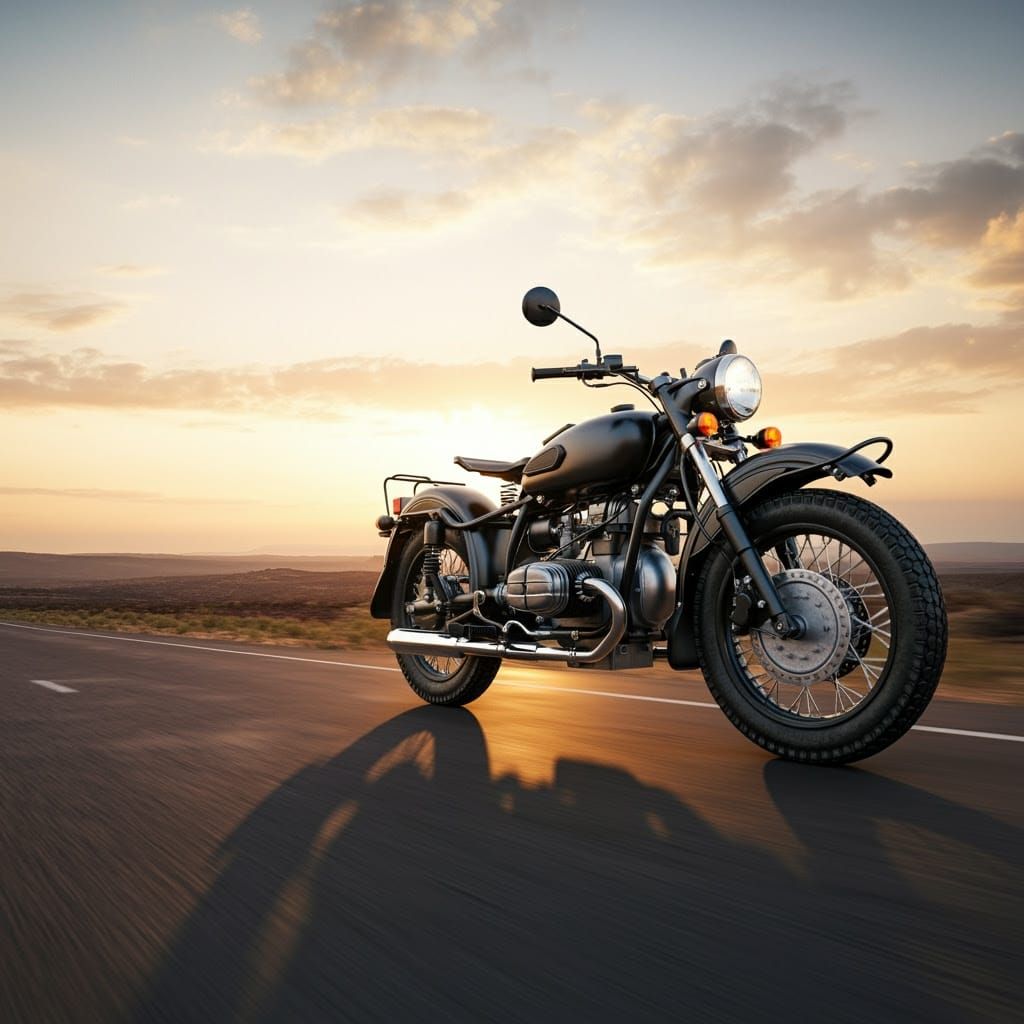 Sleek Black Motorbike Speeds Down Open Road at Sunset