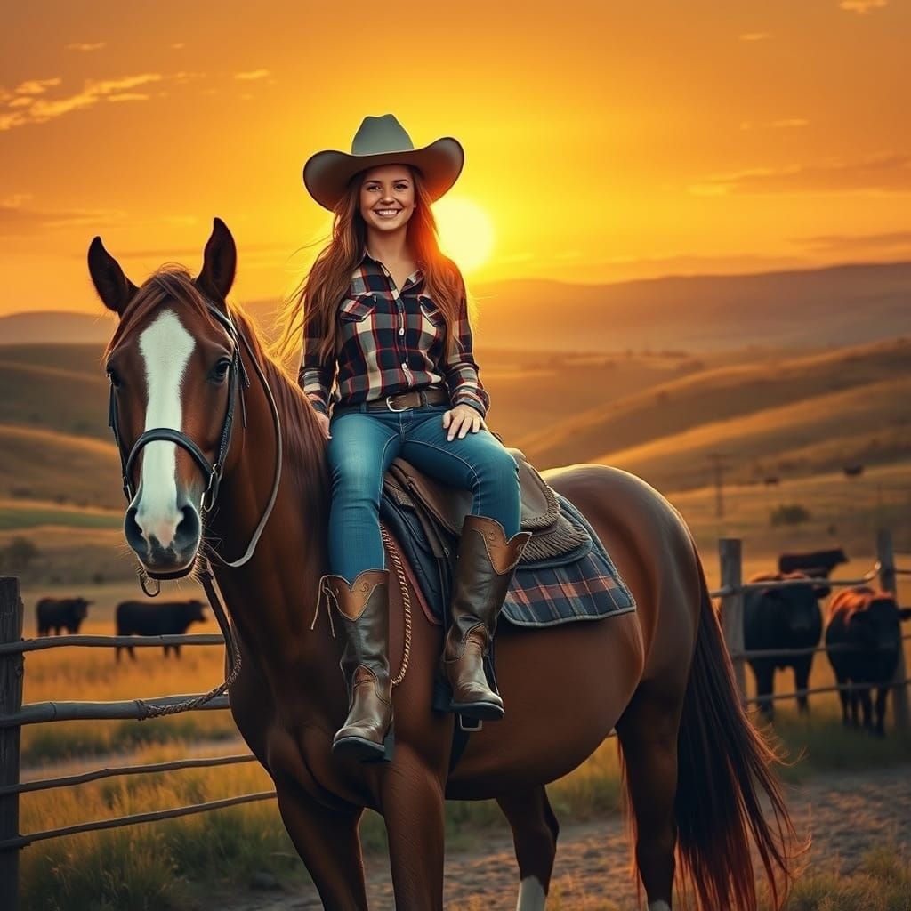 Cowgirl on Horseback at Sunset: Western Art Style
