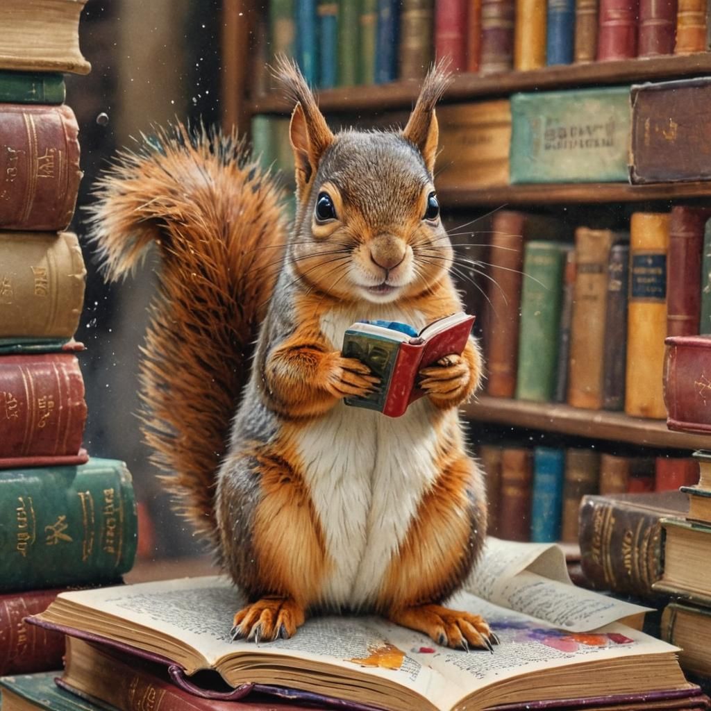 Squirrel Reads in Library: Watercolor Masterpiece