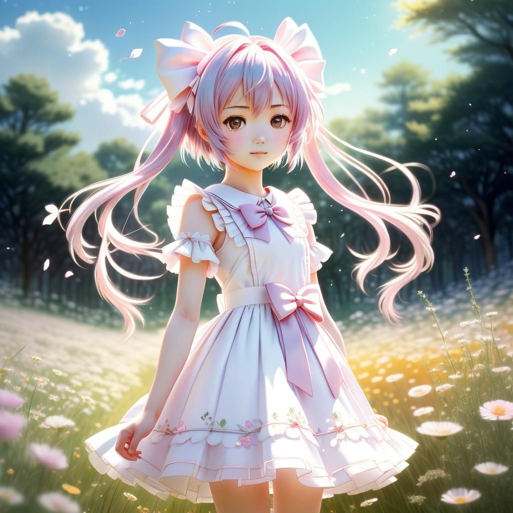 Moe Anime Girl in Sunny Meadow with Magical Effects