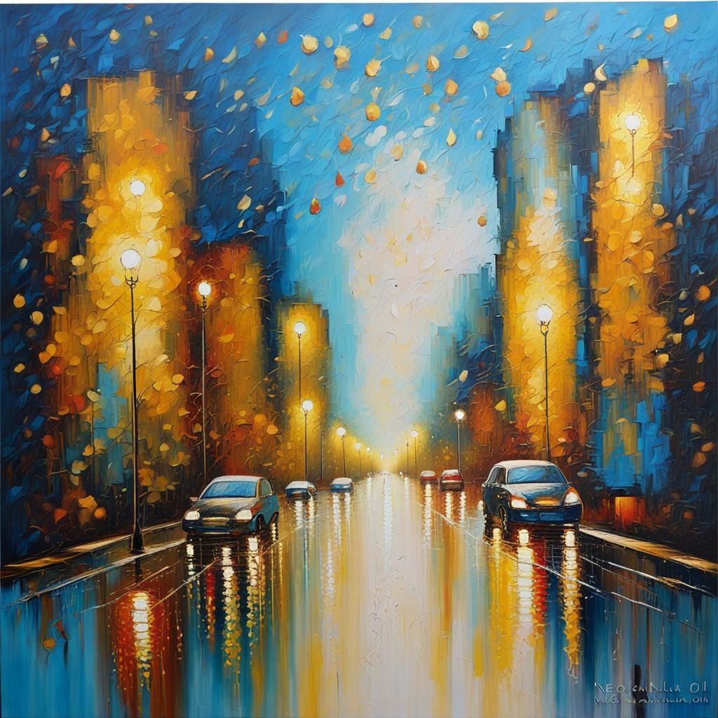 Blue and Gold Abstract Rain Scene Impasto Painting