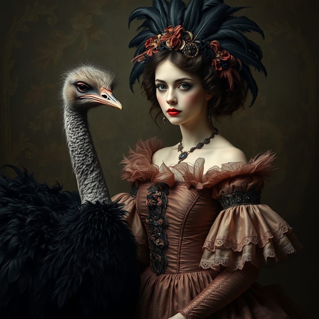 Gothic Woman with Ostrich: A Dark Baroque Portrait
