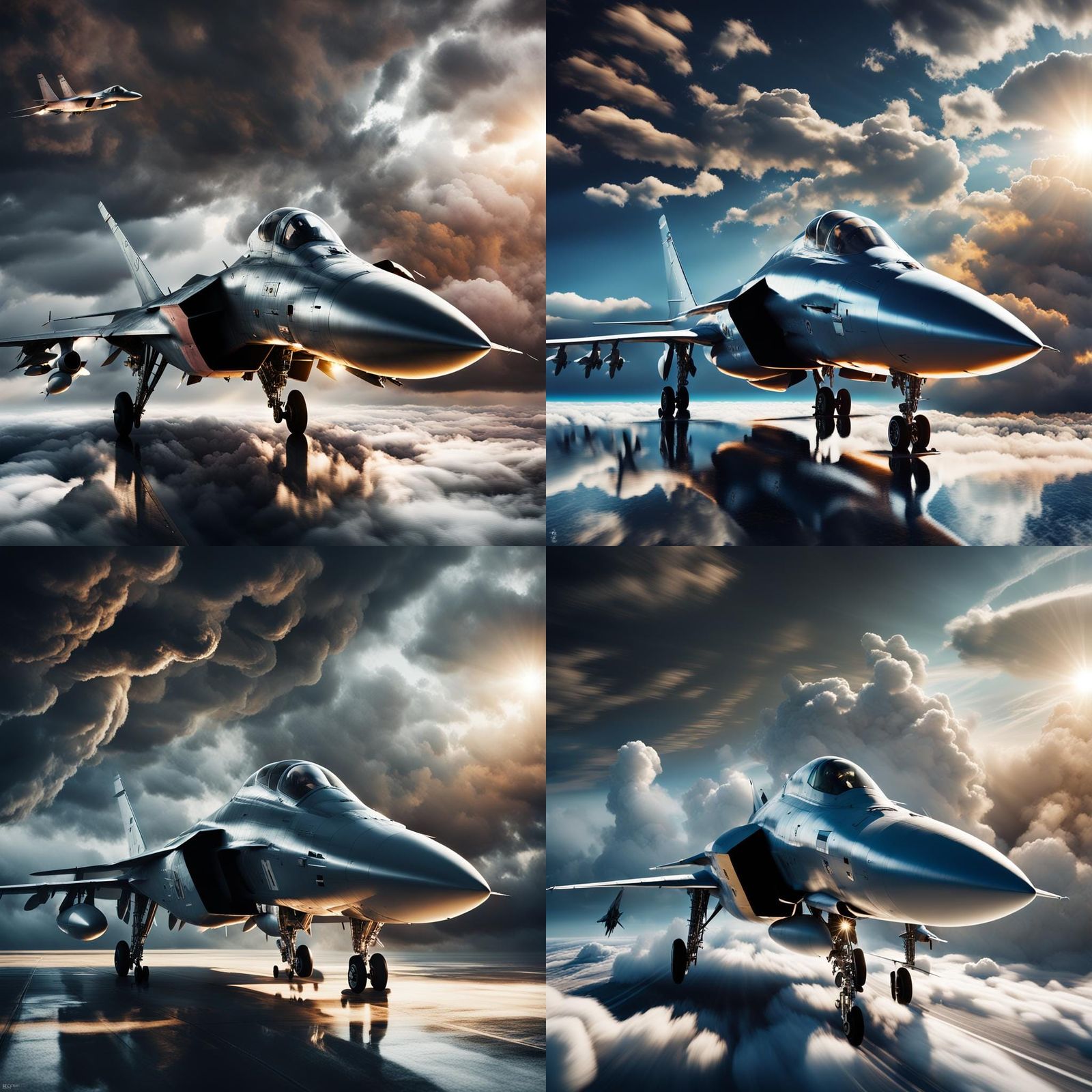 Fighter Jet Over Clouds in Portrait Style