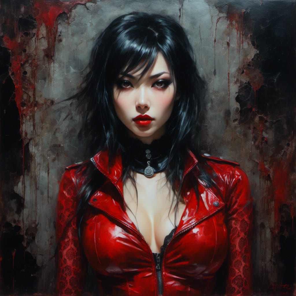 Gothic Japan Policewoman in Latex Lingerie, Oil Painting
