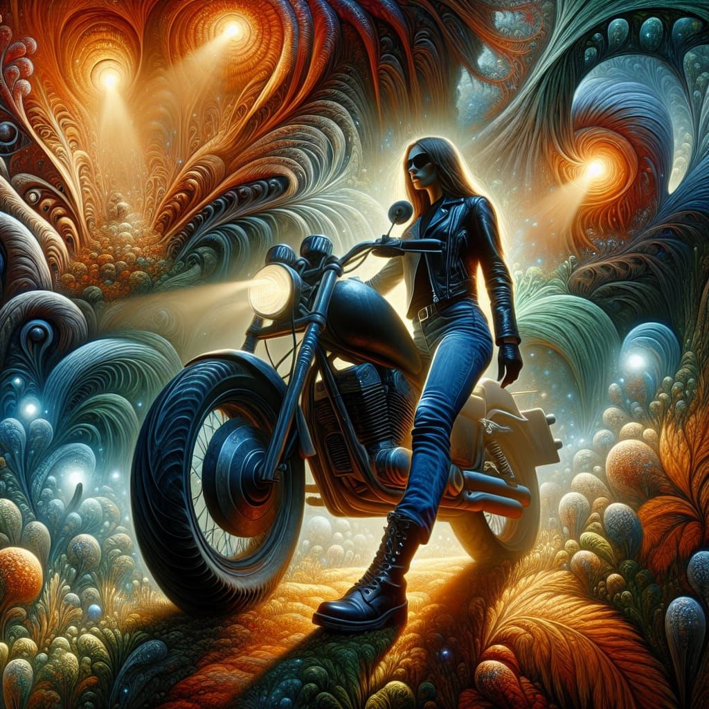 Woman Merging with Fern in Biomechanical Forest