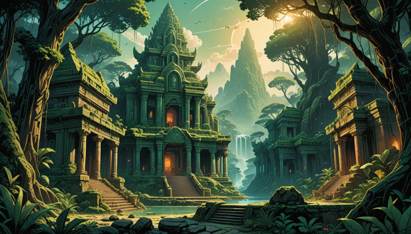 Ancient Space Palaces in Vibrant Jungle Splendor, Comic Book...