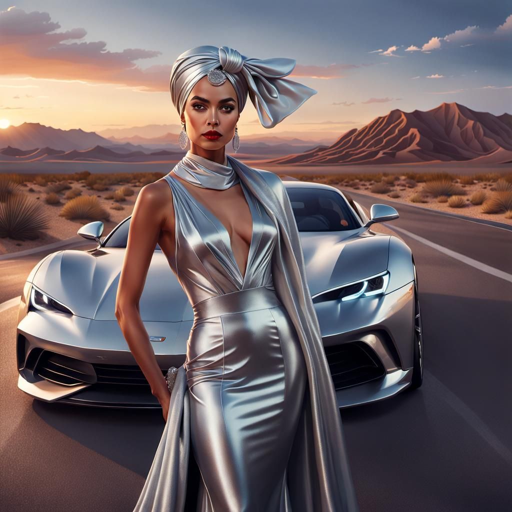 Hispanic Woman and Silver Car on Desert Highway