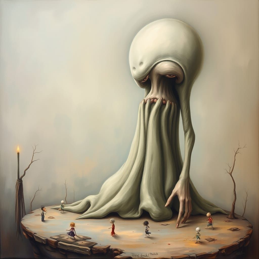 Surreal Weeping Giant in Dreamlike Landscape