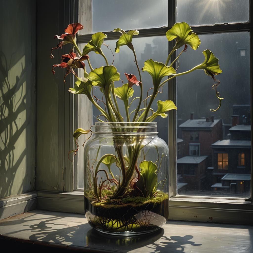 Photorealistic Carnivorous Plant in Glass Jar