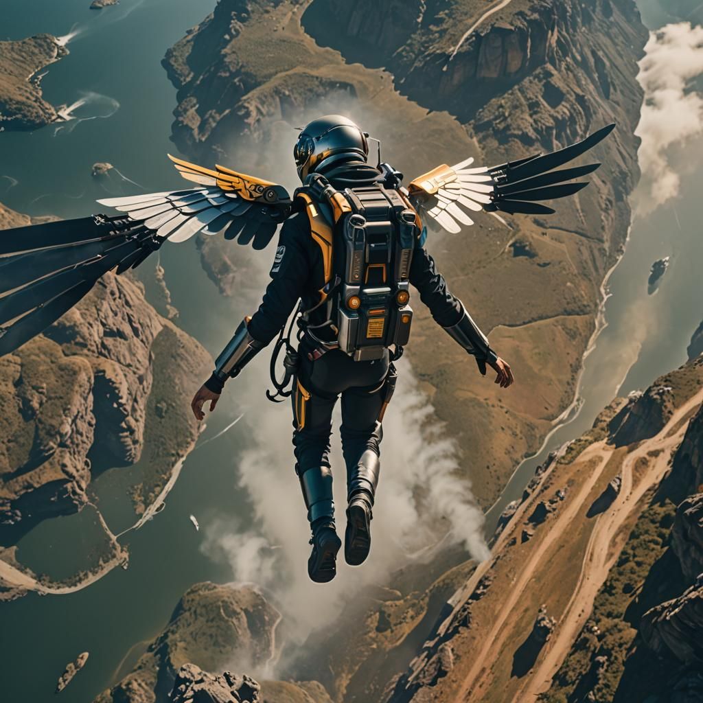 Futuristic Winged Jetpack: Cinematic Film Still