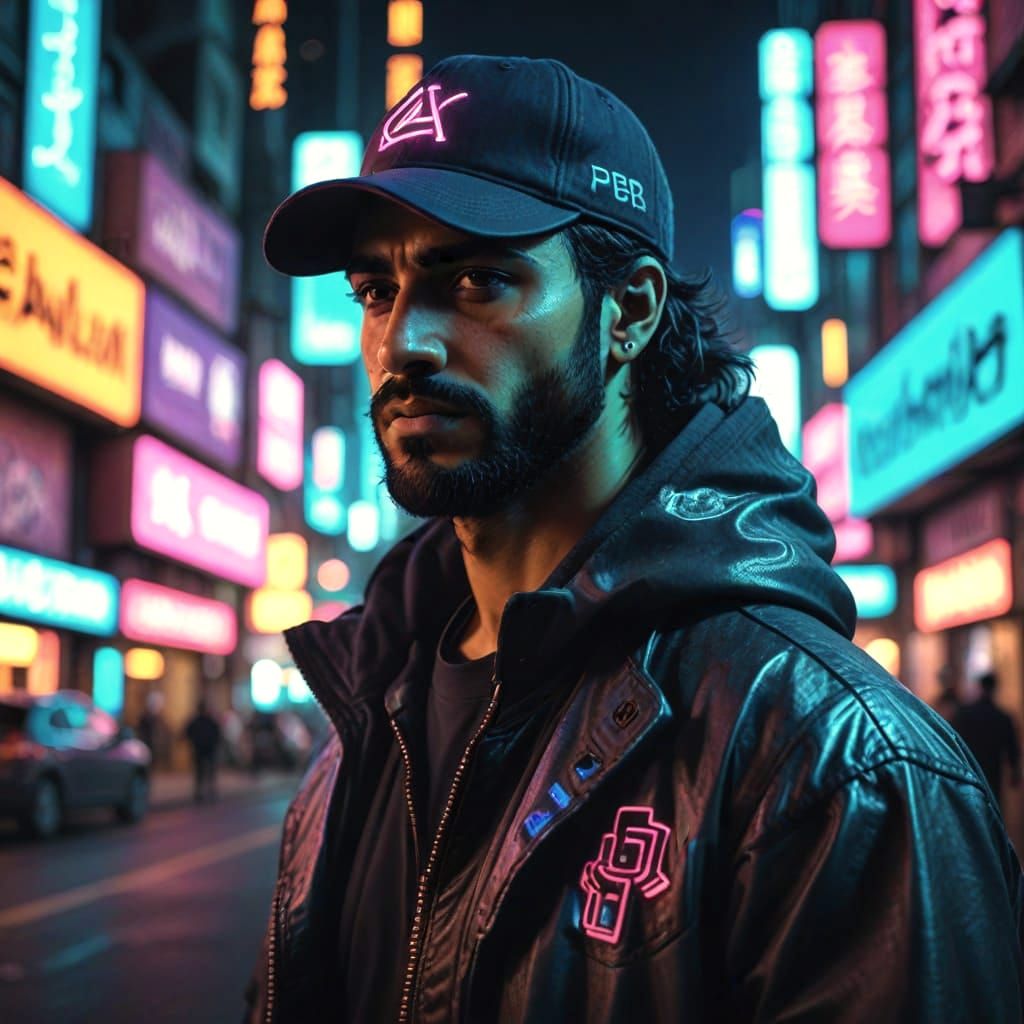Cyberpunk Arab Man Portrait in Neon Cityscape