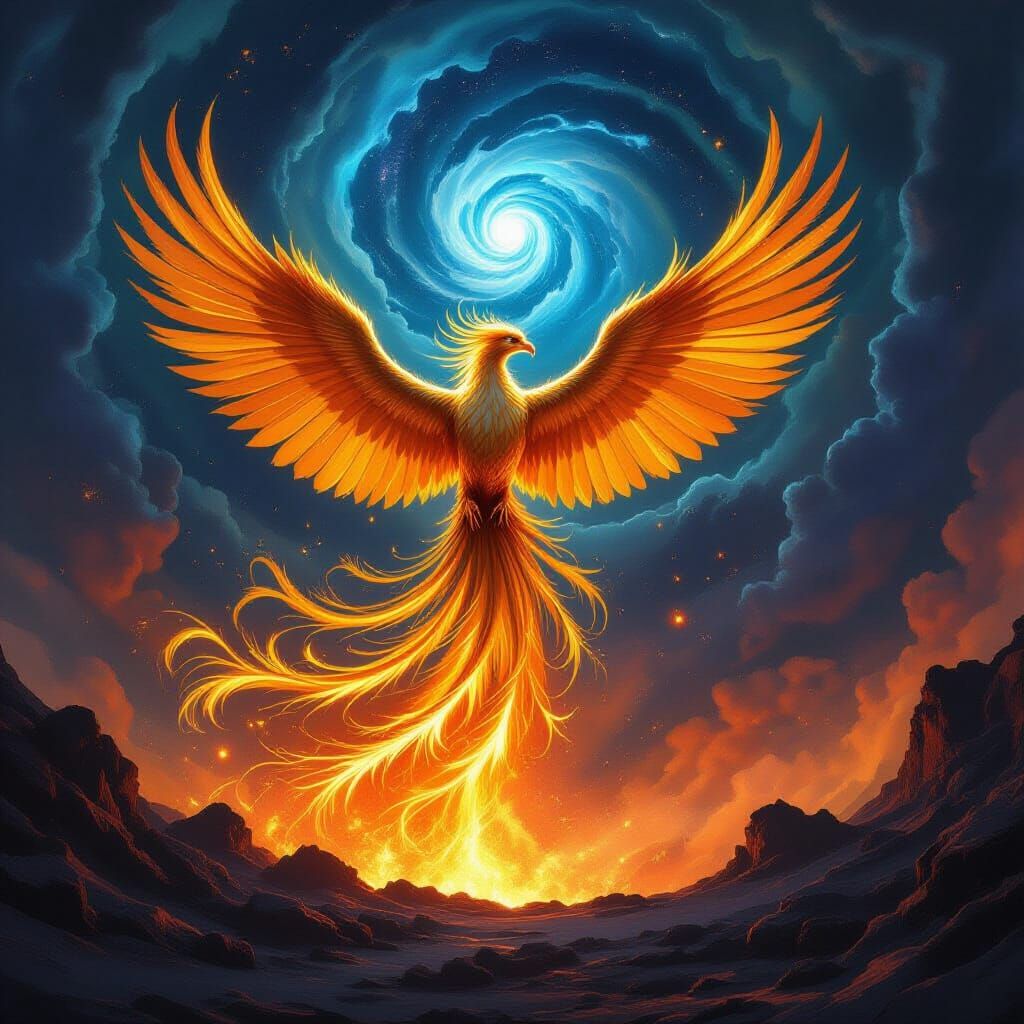 Golden Phoenix Rises from Volcano in Cosmic Sky
