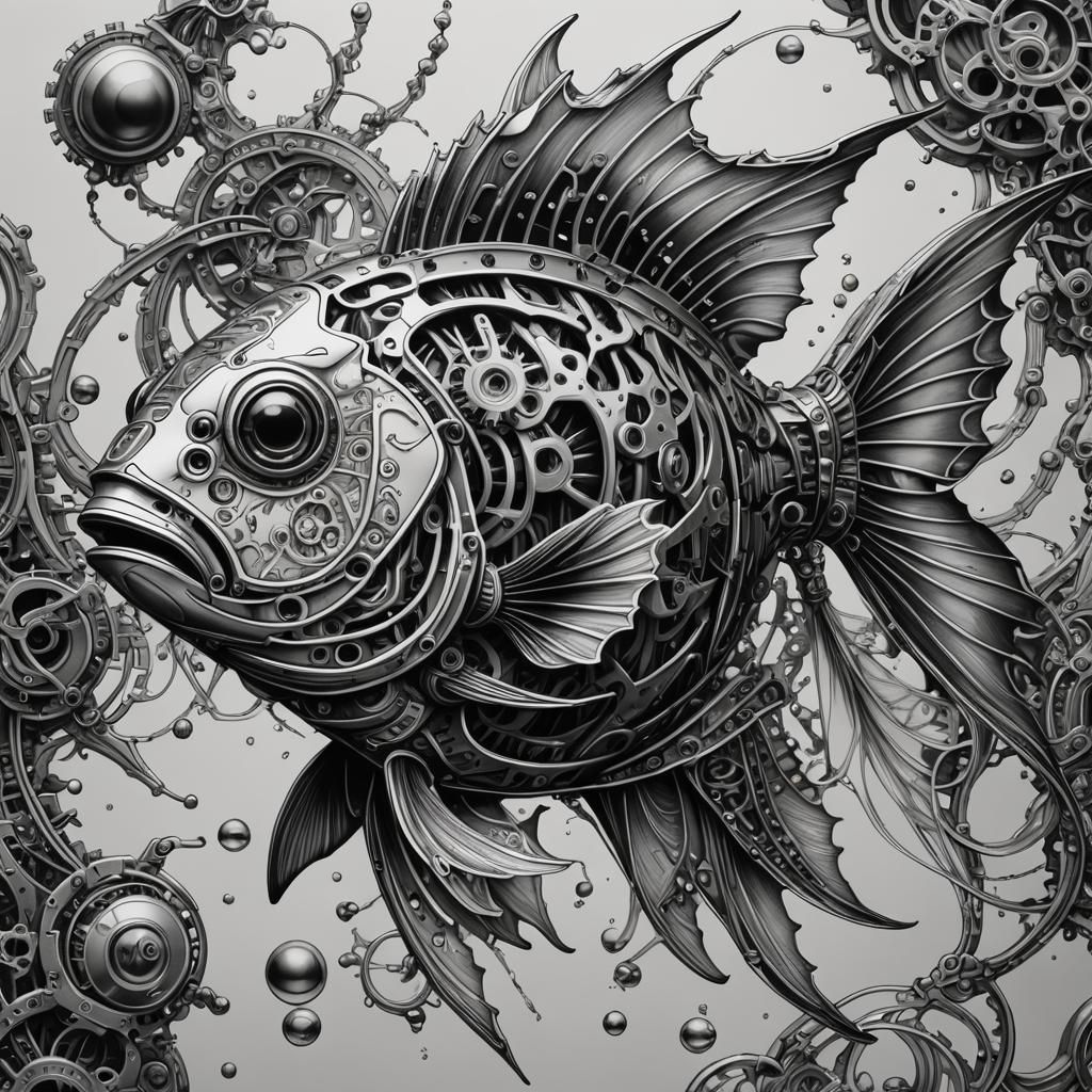 Futuristic Mechanical Goldfish: Detailed Charcoal Illustrati...