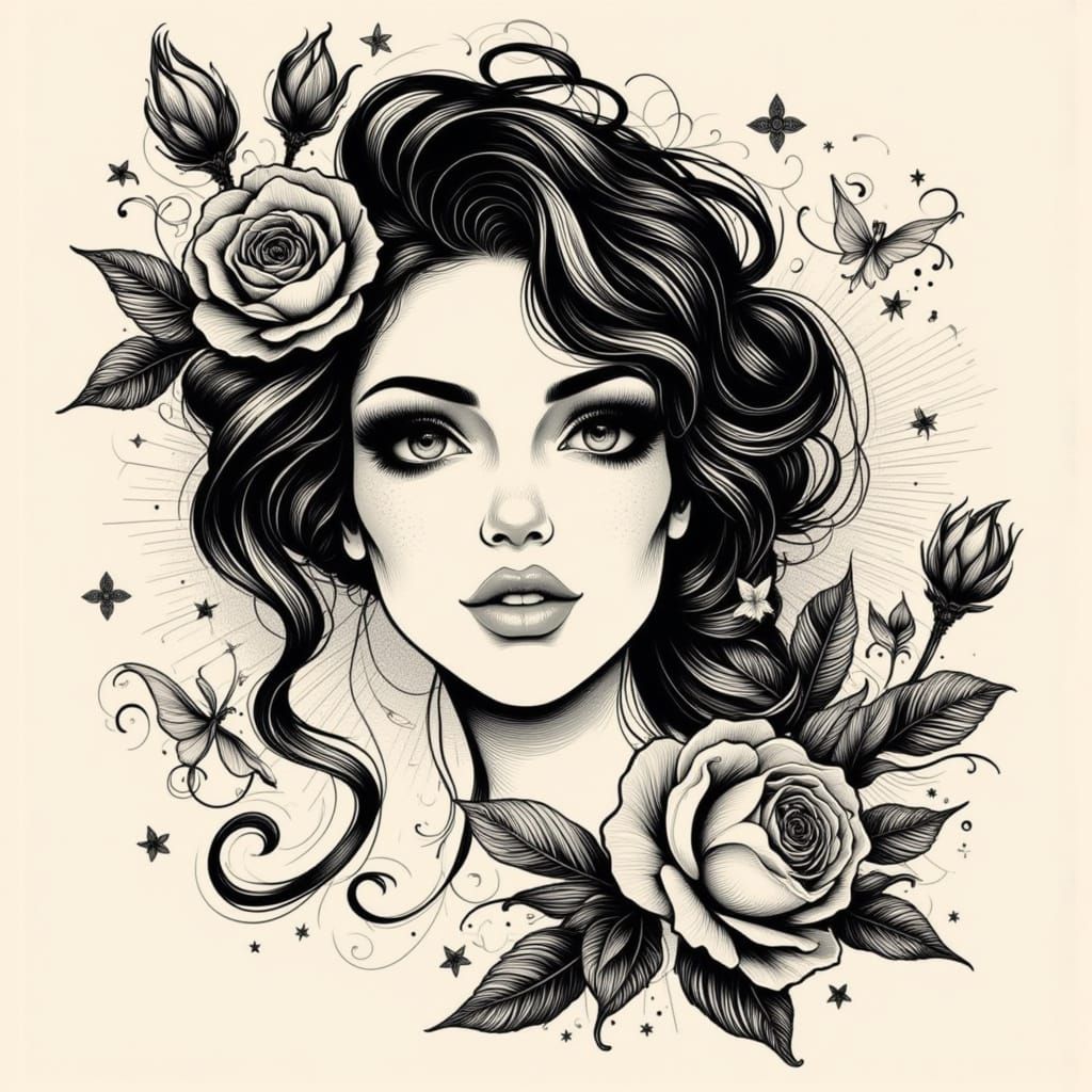 Neo-Traditional Tattoo Portrait of Woman with Roses