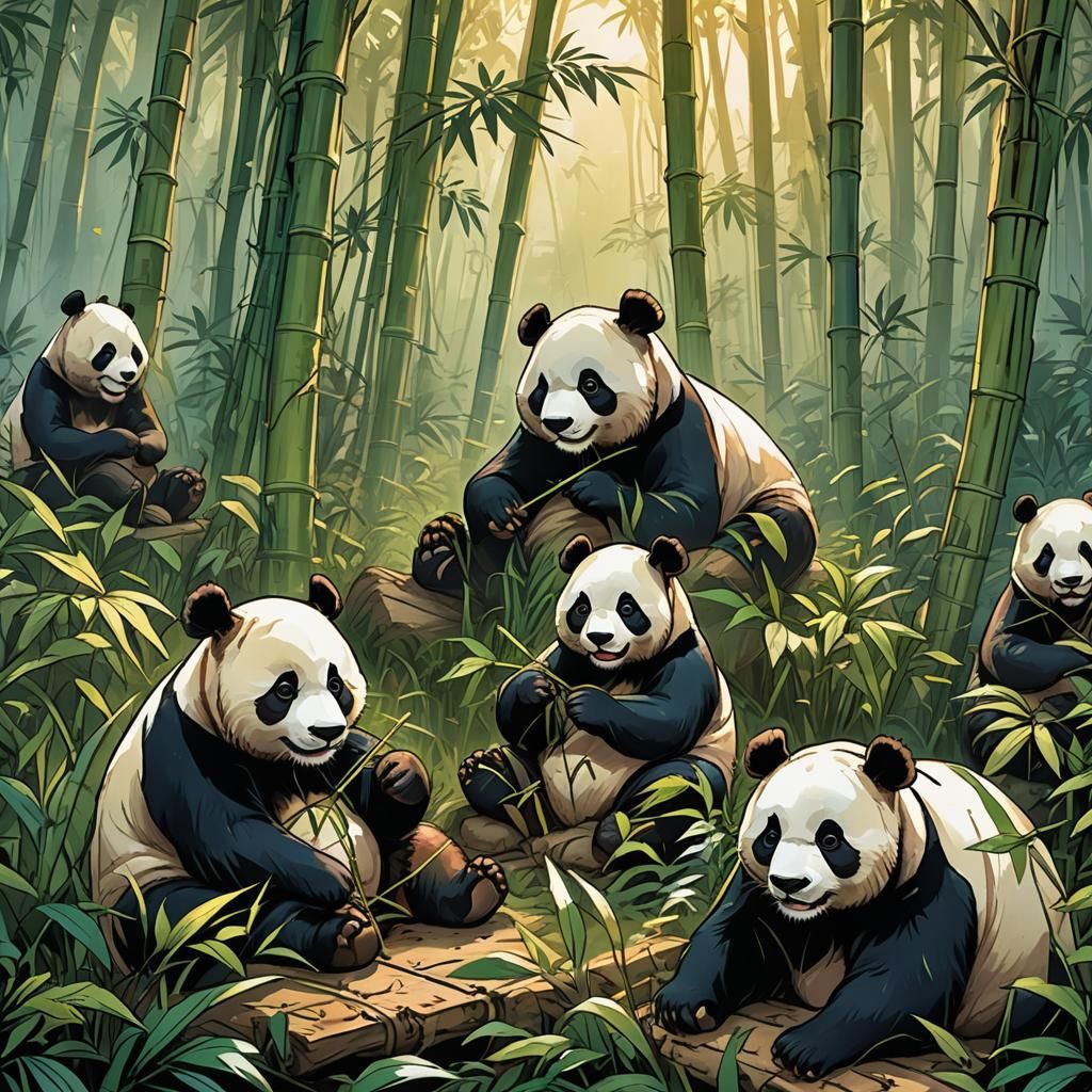 Panda Family in Asian Forest: Comic Book Art