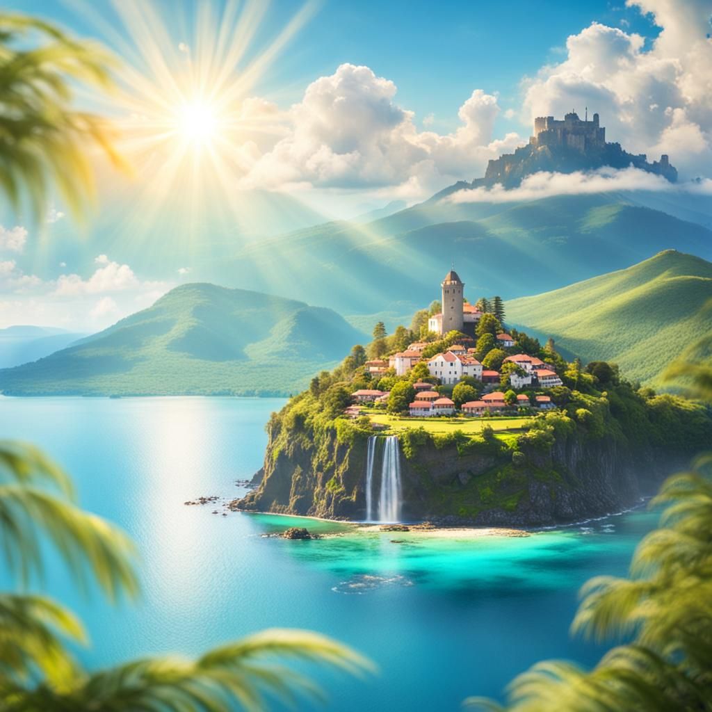 Island Paradise with Castle in Divine Sunlight