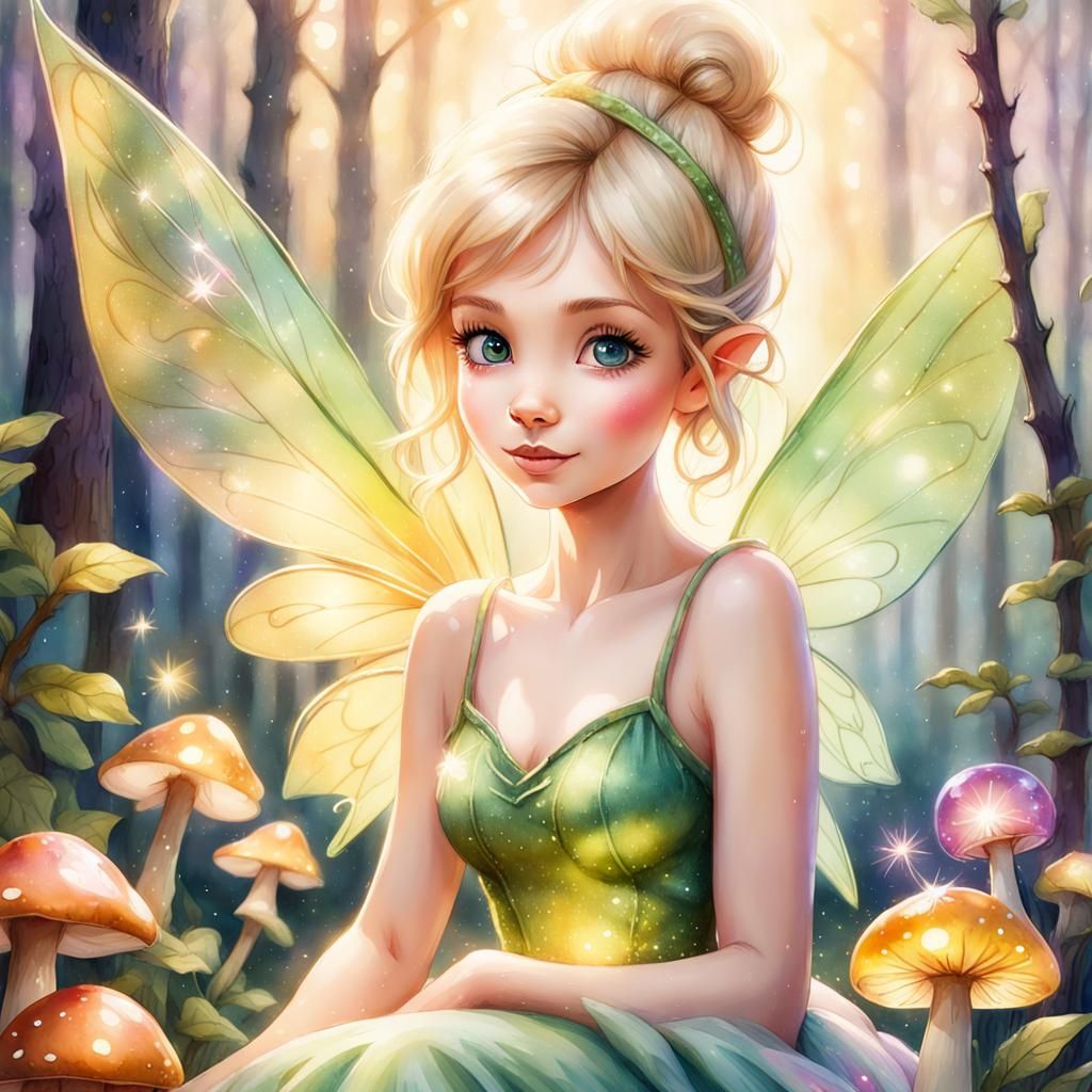 Tinkerbell Portrait in Watercolor Fairy Art Style