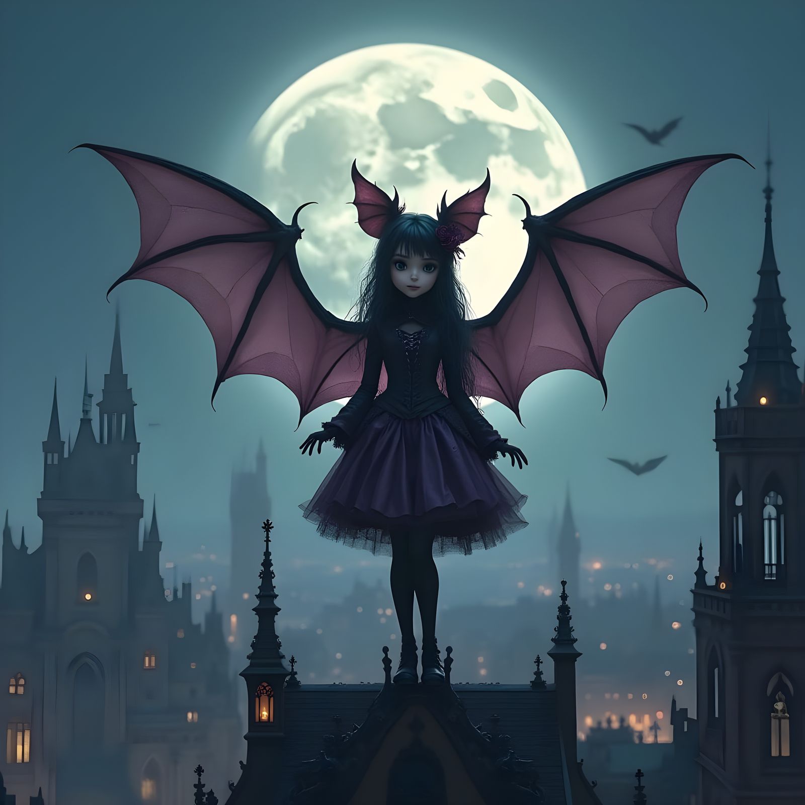 Bat Girl Spreads Wings on Gothic Building