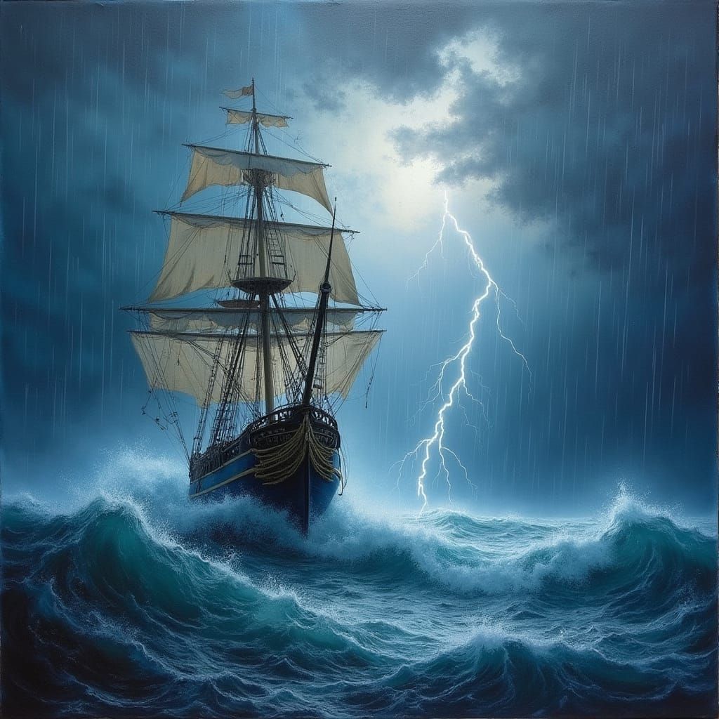 Romanticism Painting: Galleon in a Stormy Sea