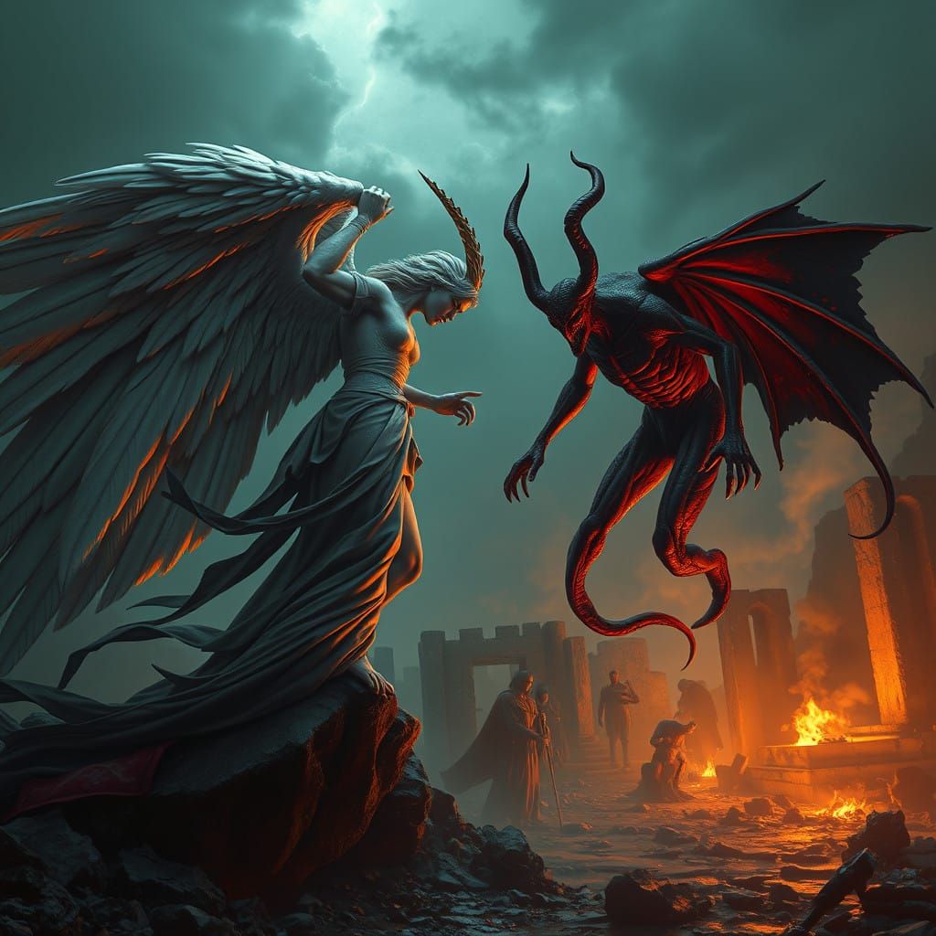 Angel and Demon in Mysterious Ruins Scene