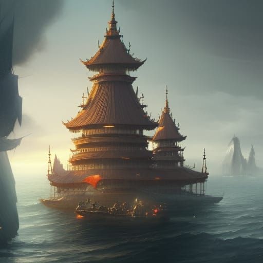 Fantasy Cruise Ship with Asian and Medieval Elements