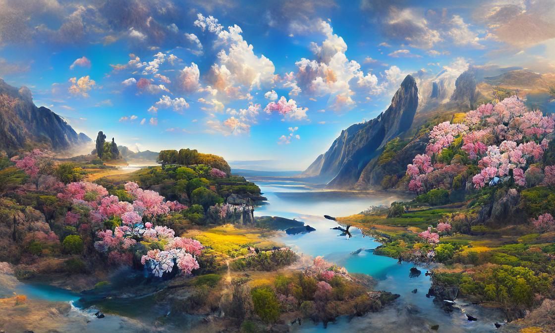 Estuary View with Flowering Trees, 8K Landscape