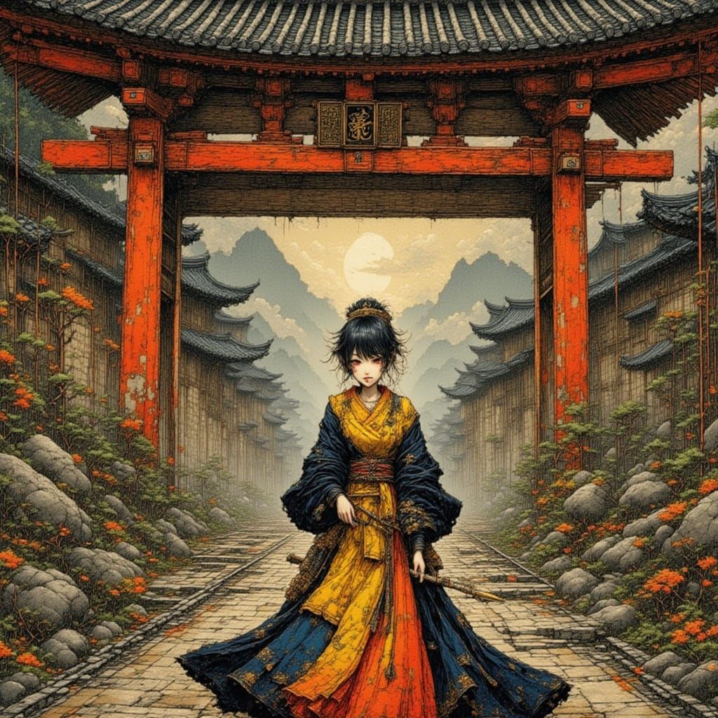 Samurai Warrior Under Torii Gate
