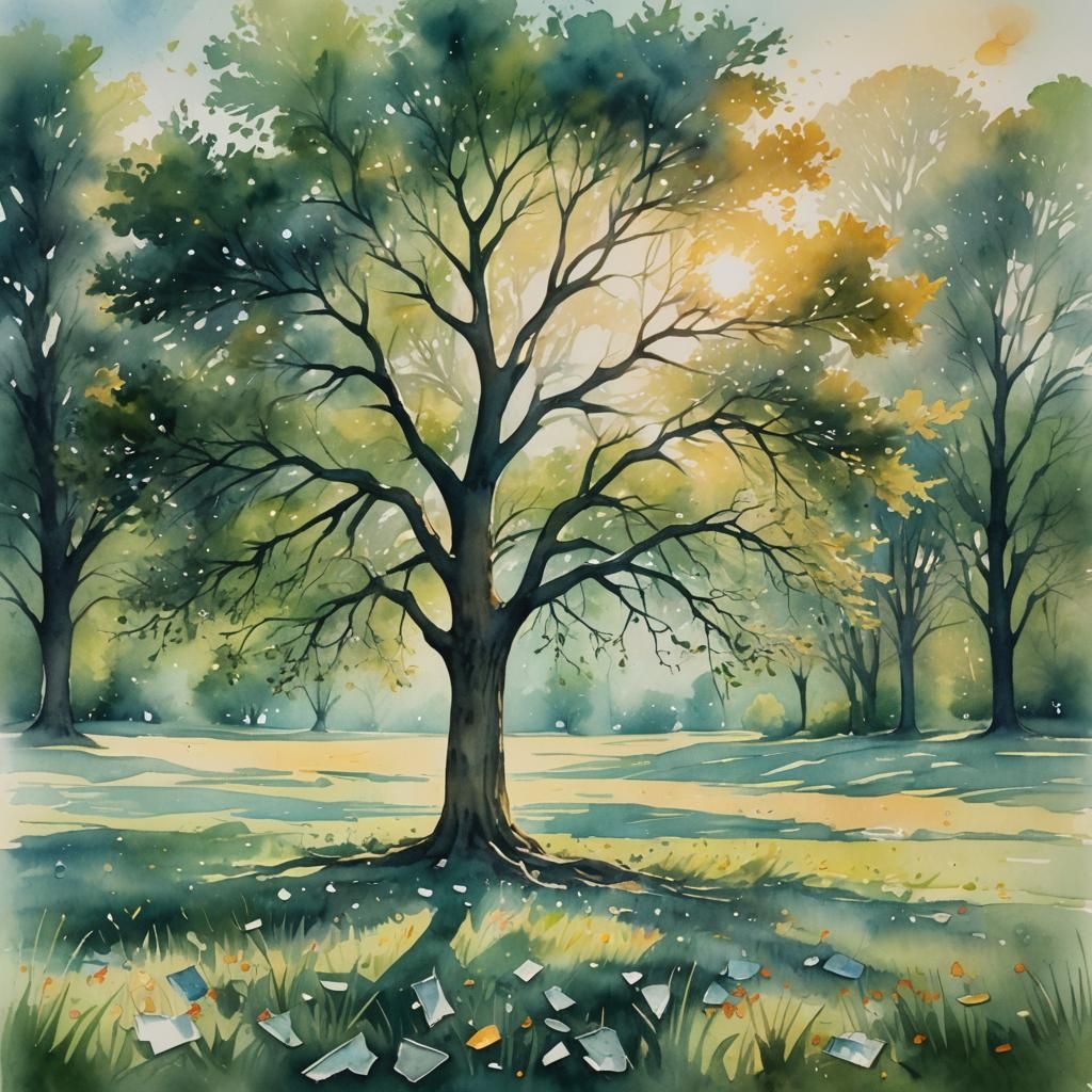 Majestic Tree in Meadow: Dreamy Watercolor Landscape
