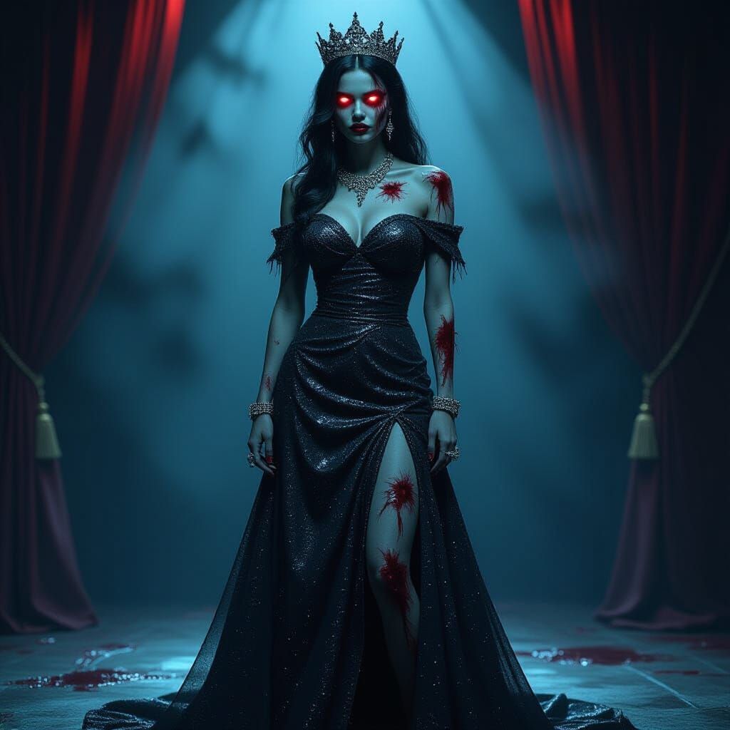 Zombie Prom Queen on Stage in Dark Fantasy Art Style