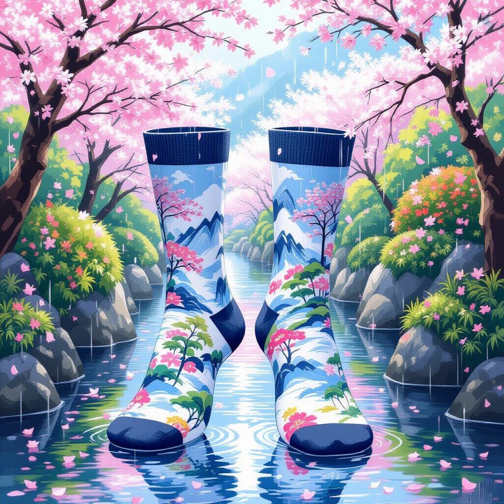 Serene Japanese Garden Painted on Socks: Hyperrealistic Art