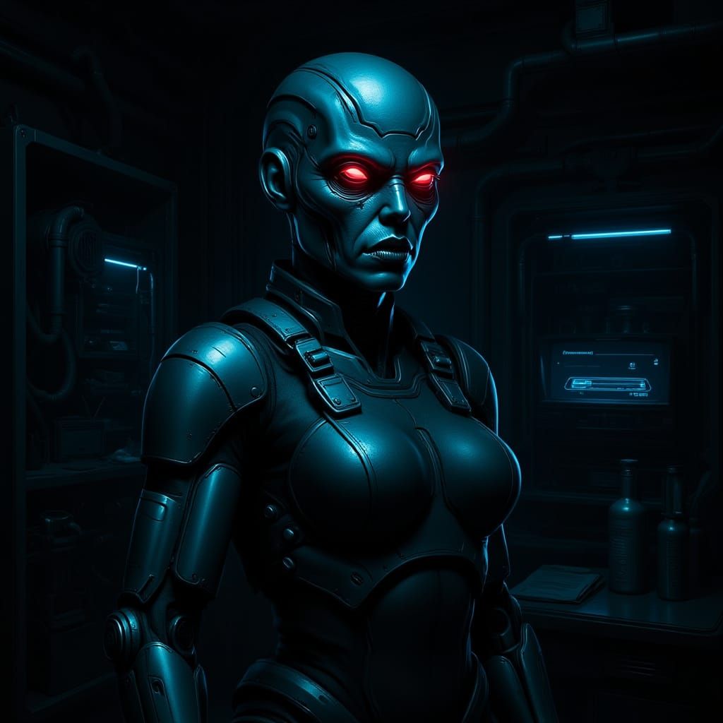 Cyborg Creature in Dimly Lit, Neon Laboratory