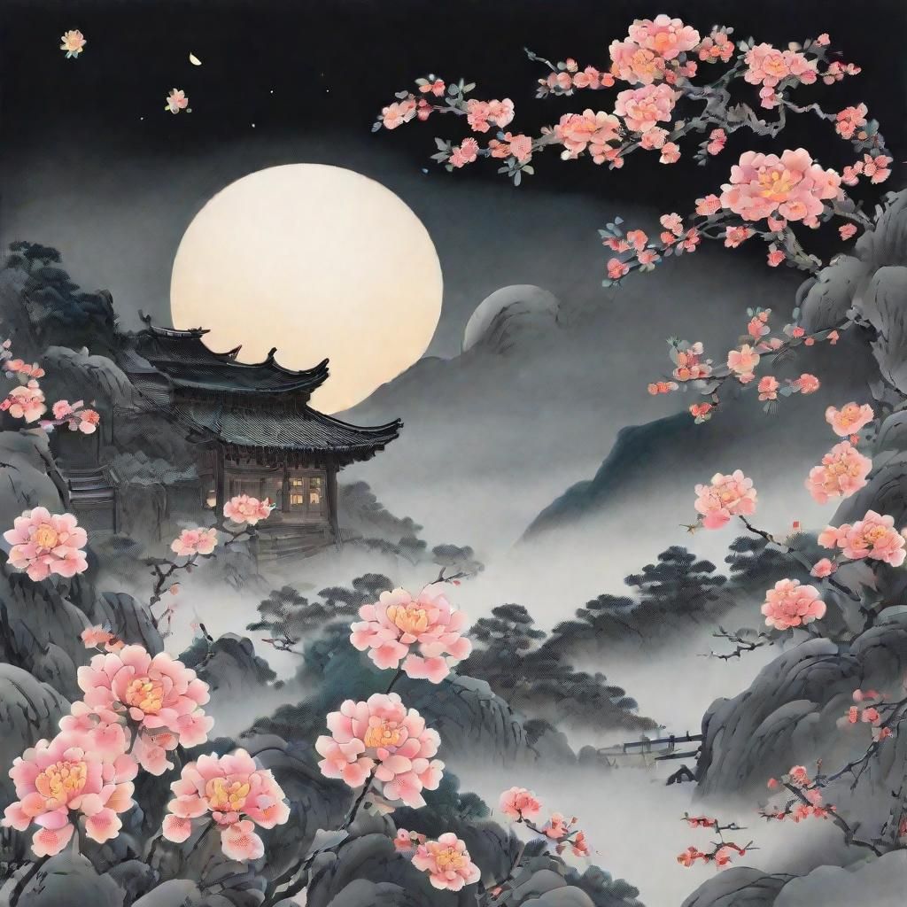 Serene Moonlit Scene in Chinese Ink Style