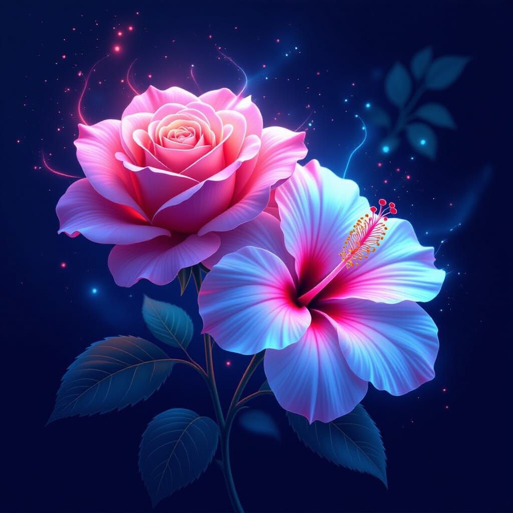 Fluorescent Rose and Bioluminescent Hibiscus in Cosmic Setti...