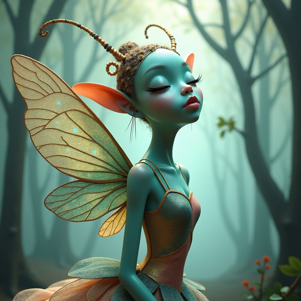 Turquoise Fairy in Enchanted Woods: Digital Art