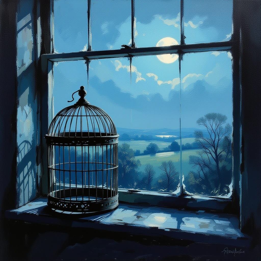 Empty Antique Birdcage on Moonlit Sill