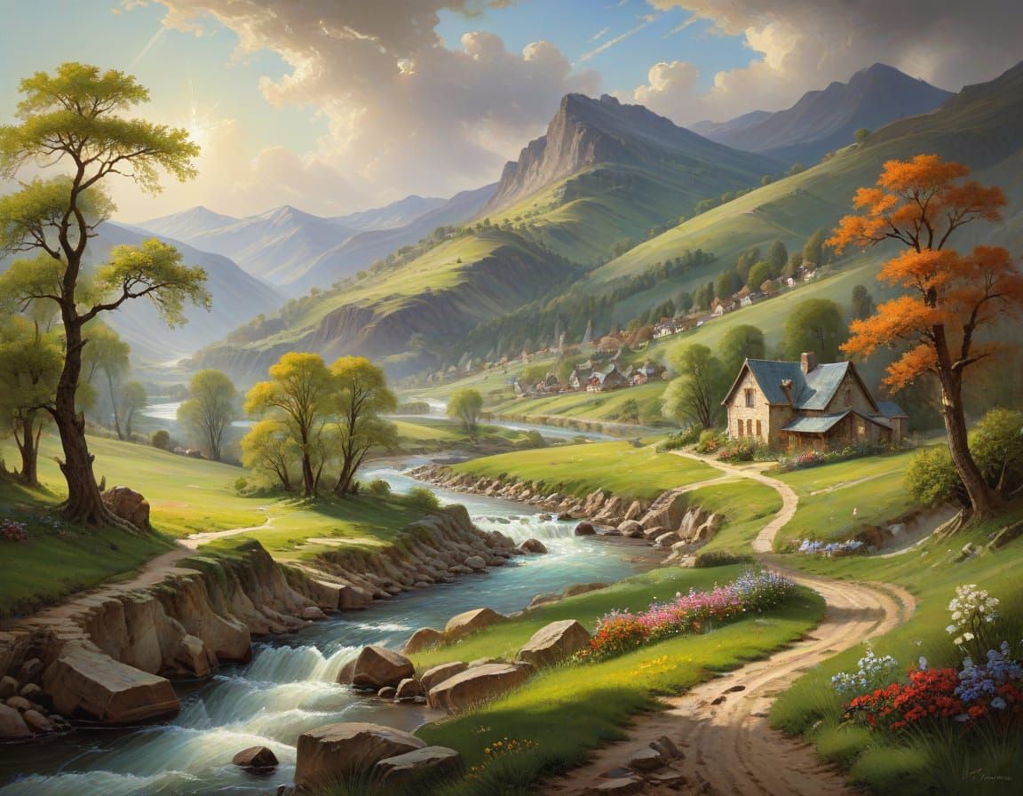 Springtime Landscape in Oil Painting Style