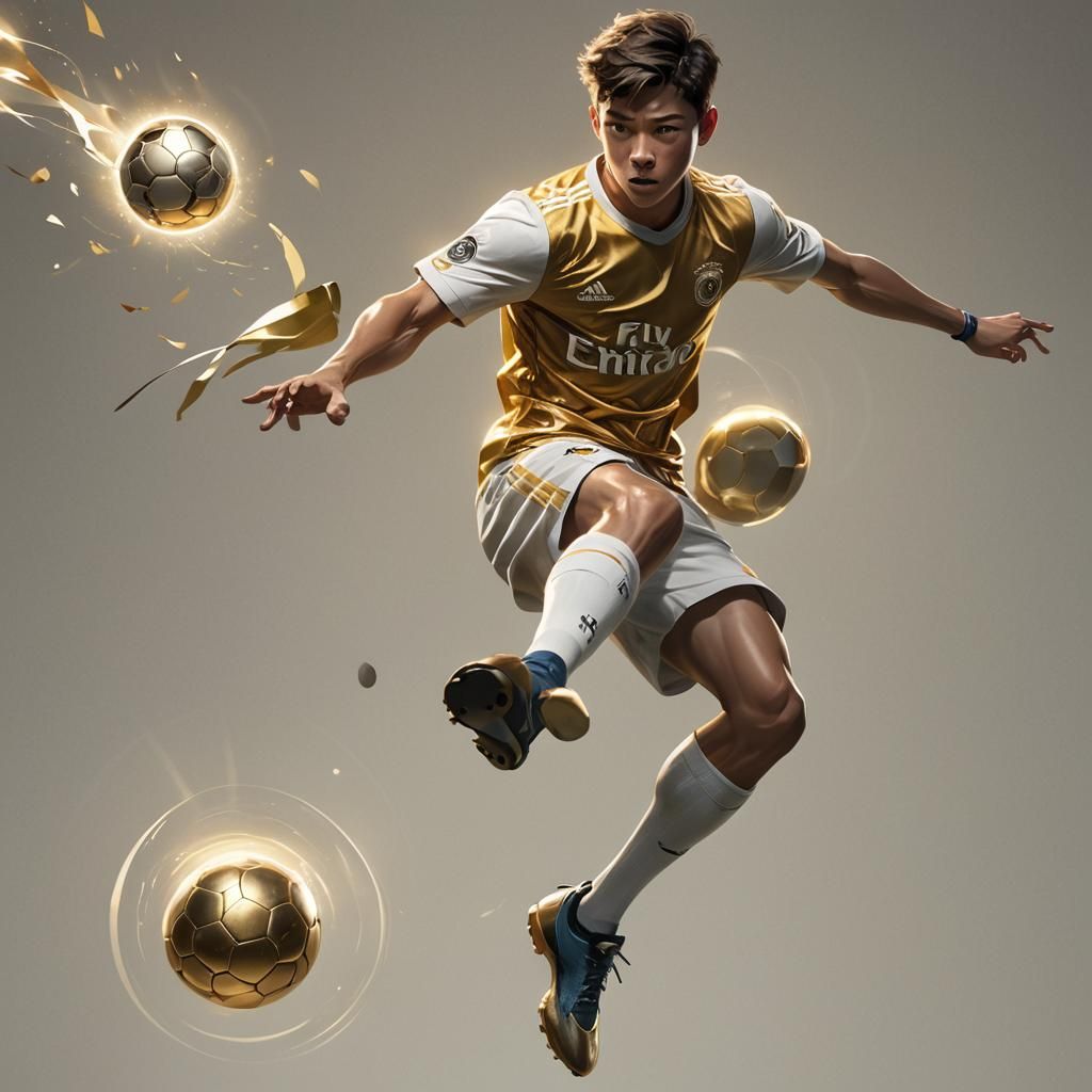 Boy Kicks Golden Soccer Ball in Stadium: Sports Art