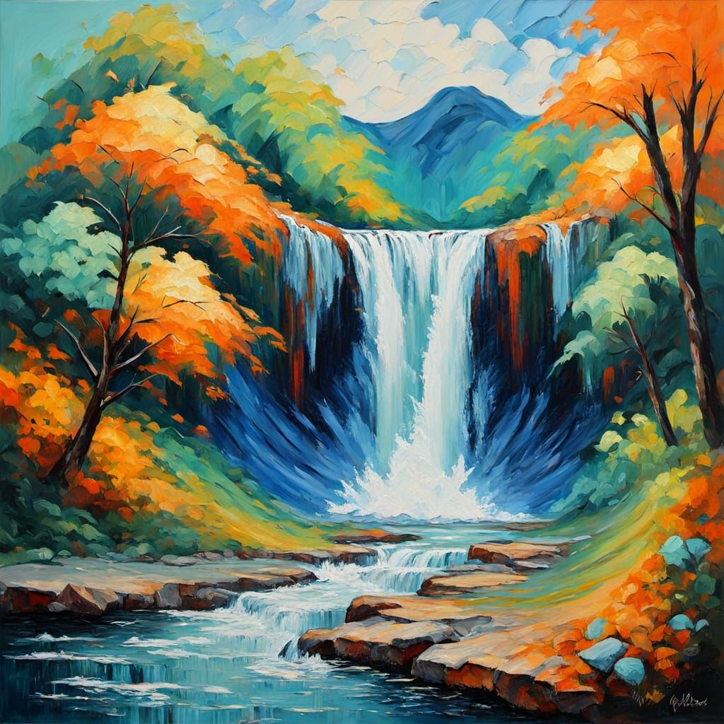 Dramatic Waterfall in Neo-Impressionist Style