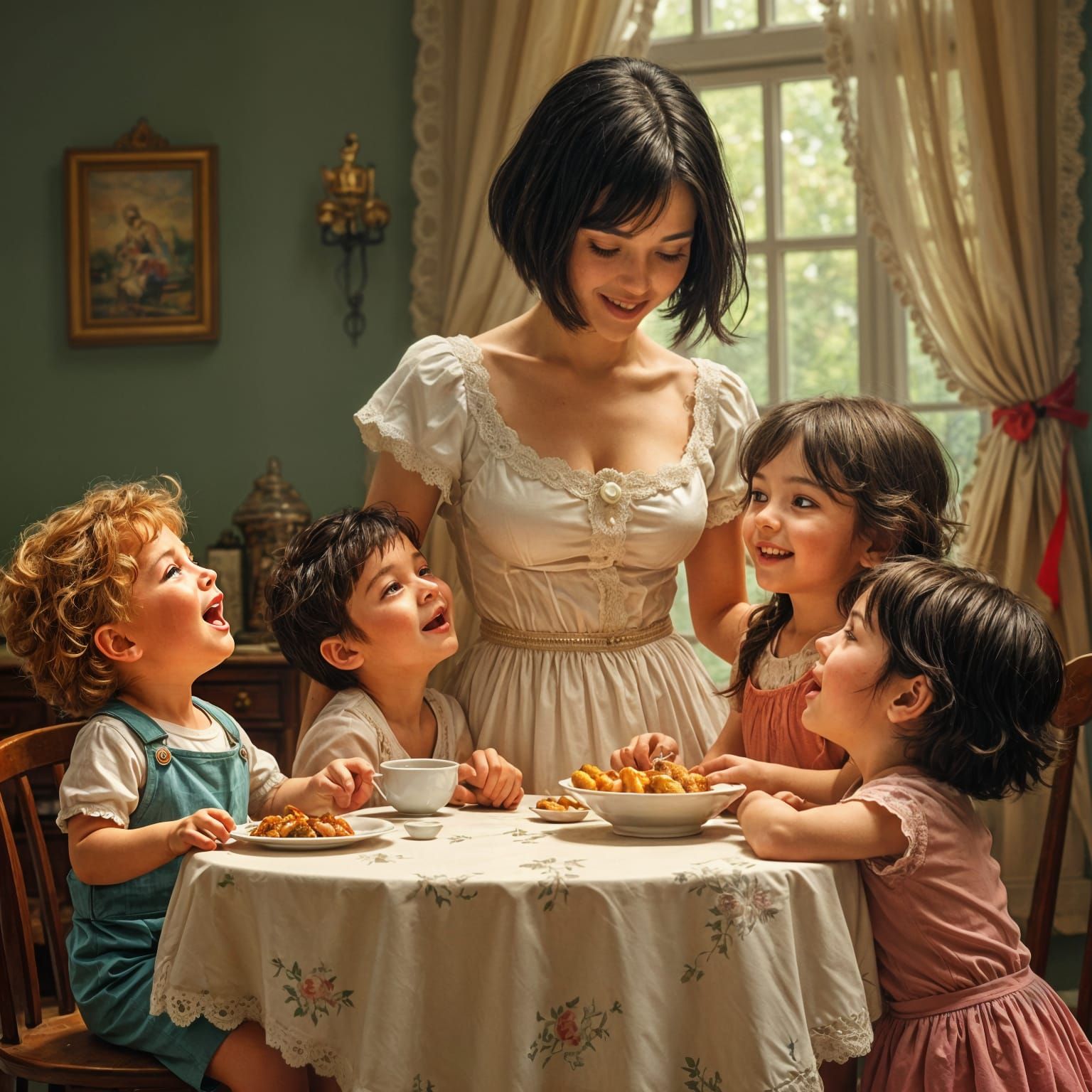 Elegant Mother in Vintage Setting with Children