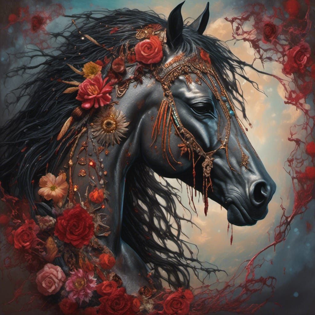 Native American Man with Wild Horse and Flowers