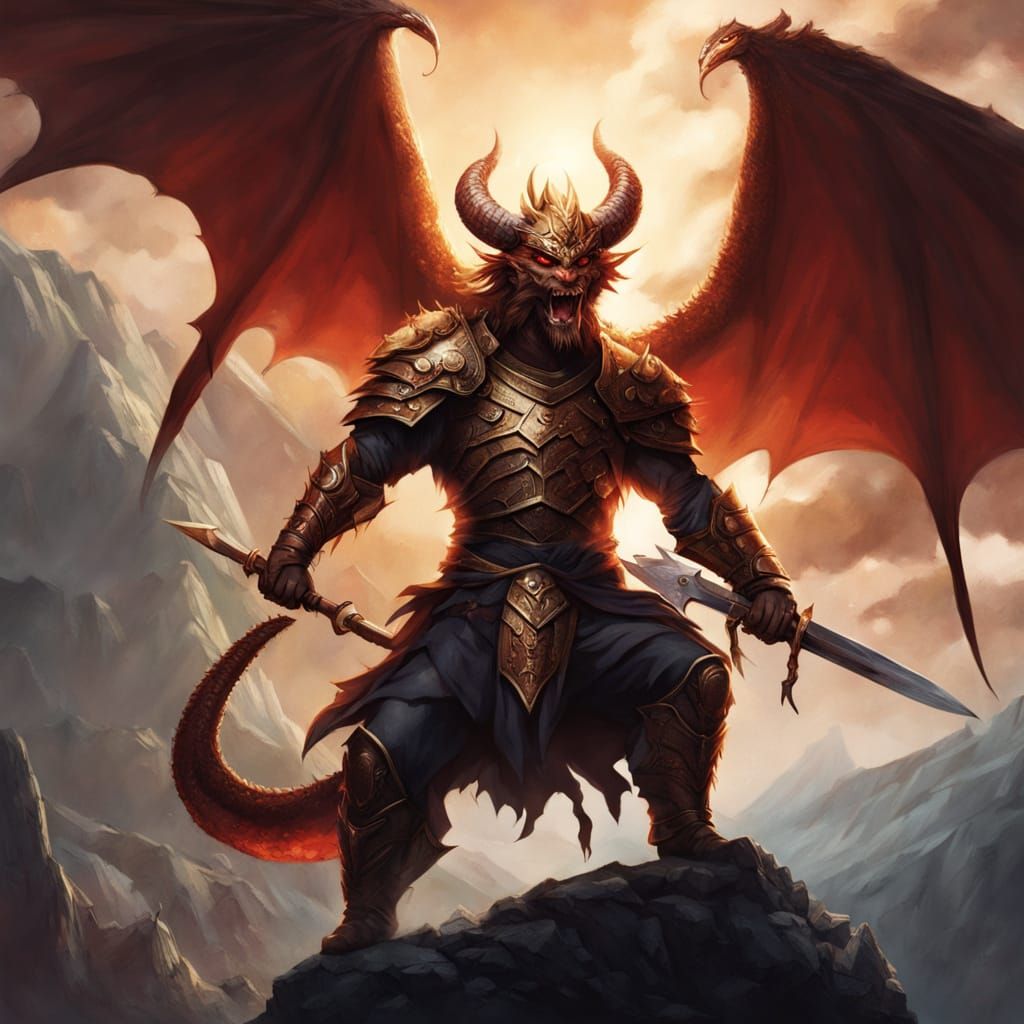 a vibrant bright character portrait of a RPG Red Dragon Disciple wielding a medium sized shiny sharp Scimitar and shield...