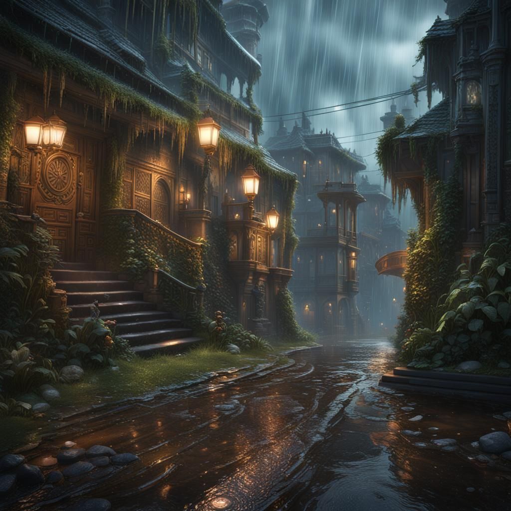 Detailed Matte Painting of a Rainy Day