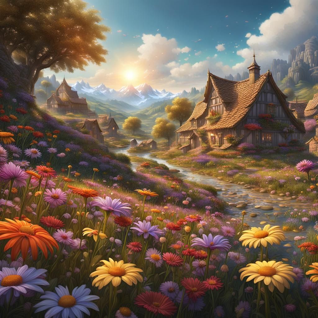 Countryside Village Surrounded by Multicolored Flowers