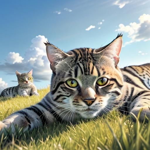 Woman Relaxing in Field with Tabby Cats